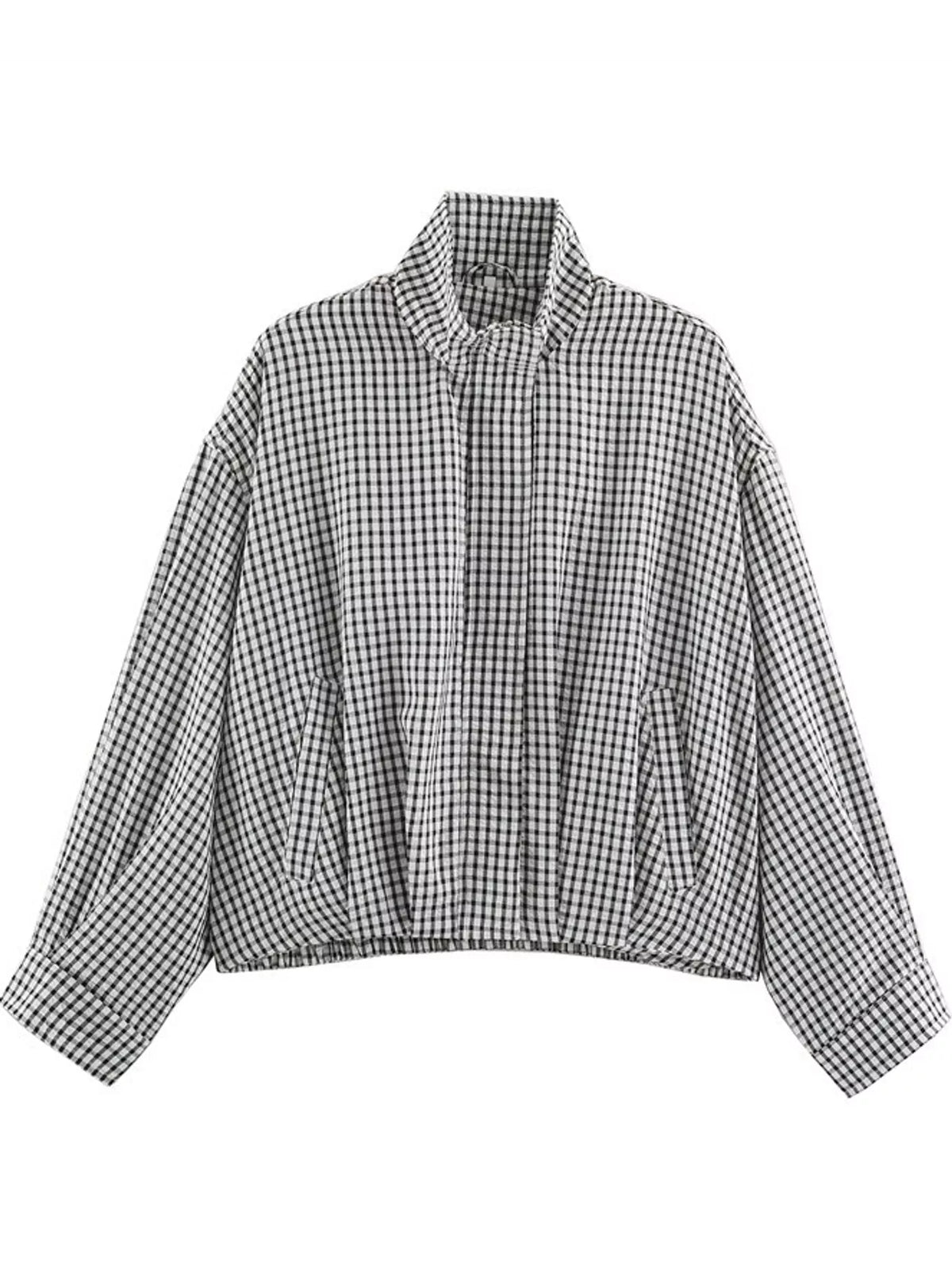 Black And White Plaid plaid stand-collar cropped jacket