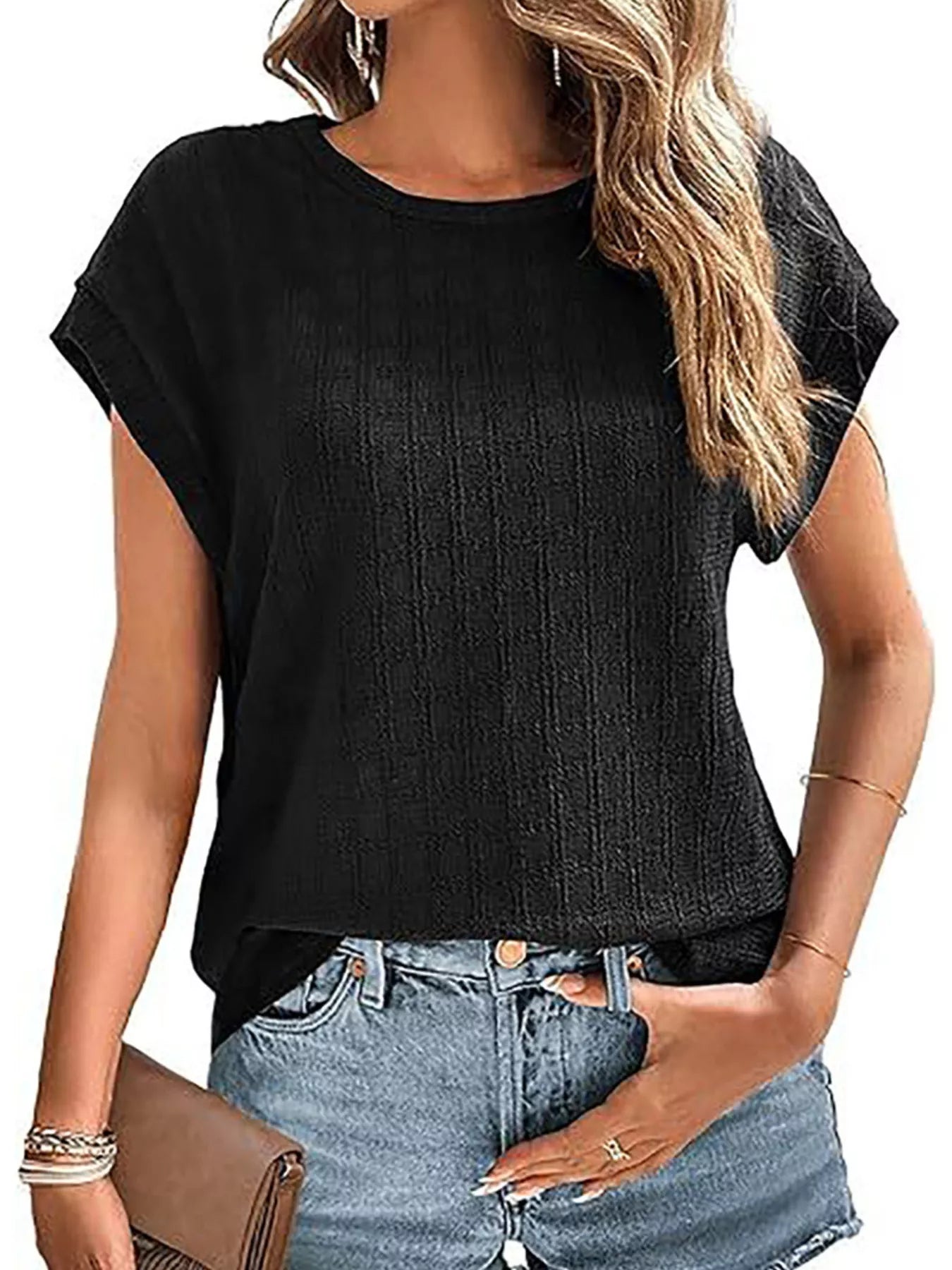 Trendsi Textured Round Neck Short Sleeve Top -