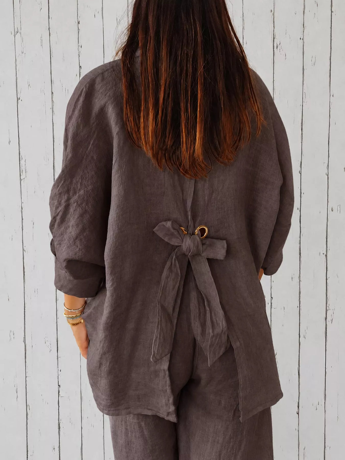 Dark Brown loose fit tie back shirt, back view