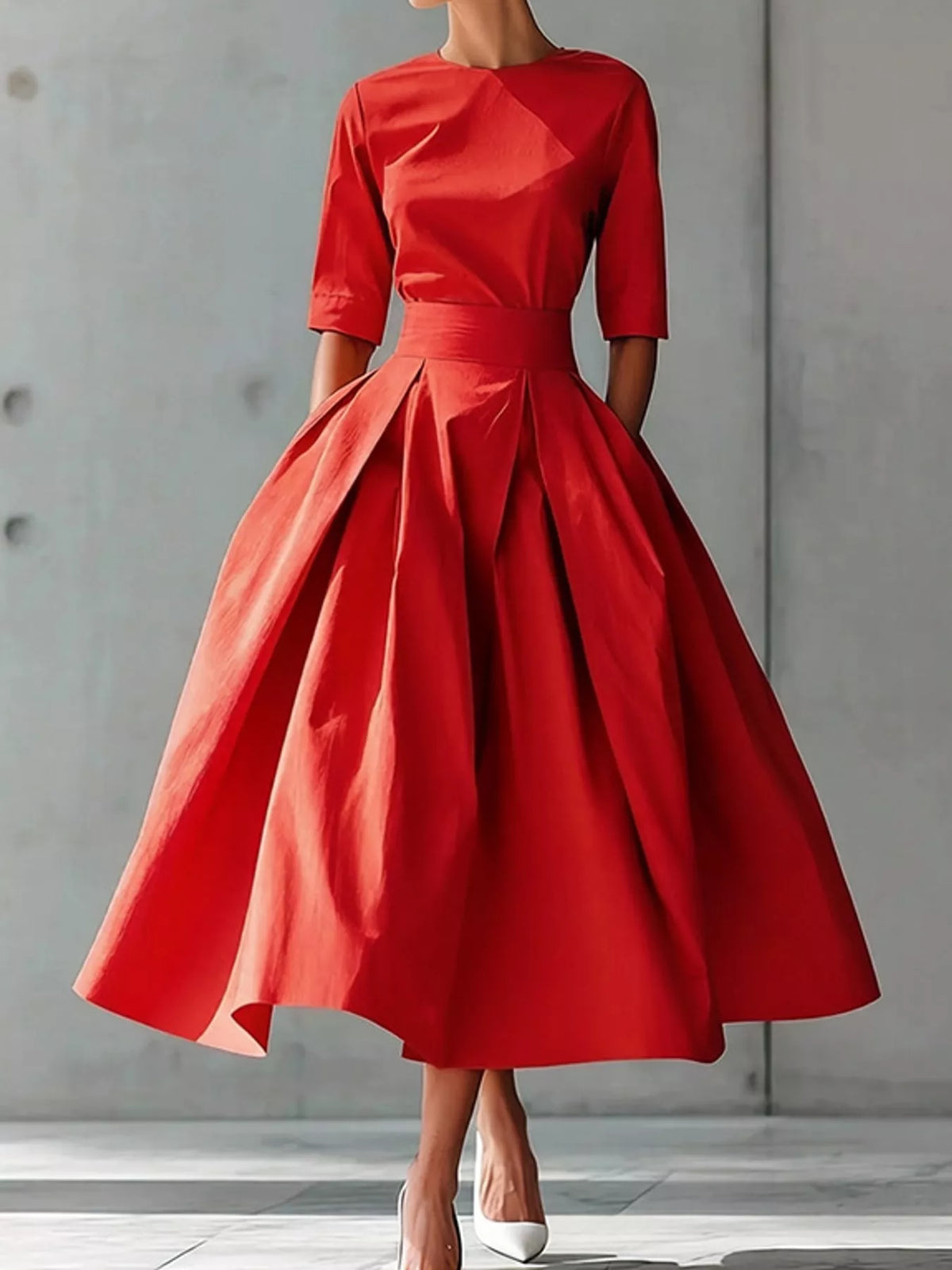 Round neck short sleeve midi dress, front view on model