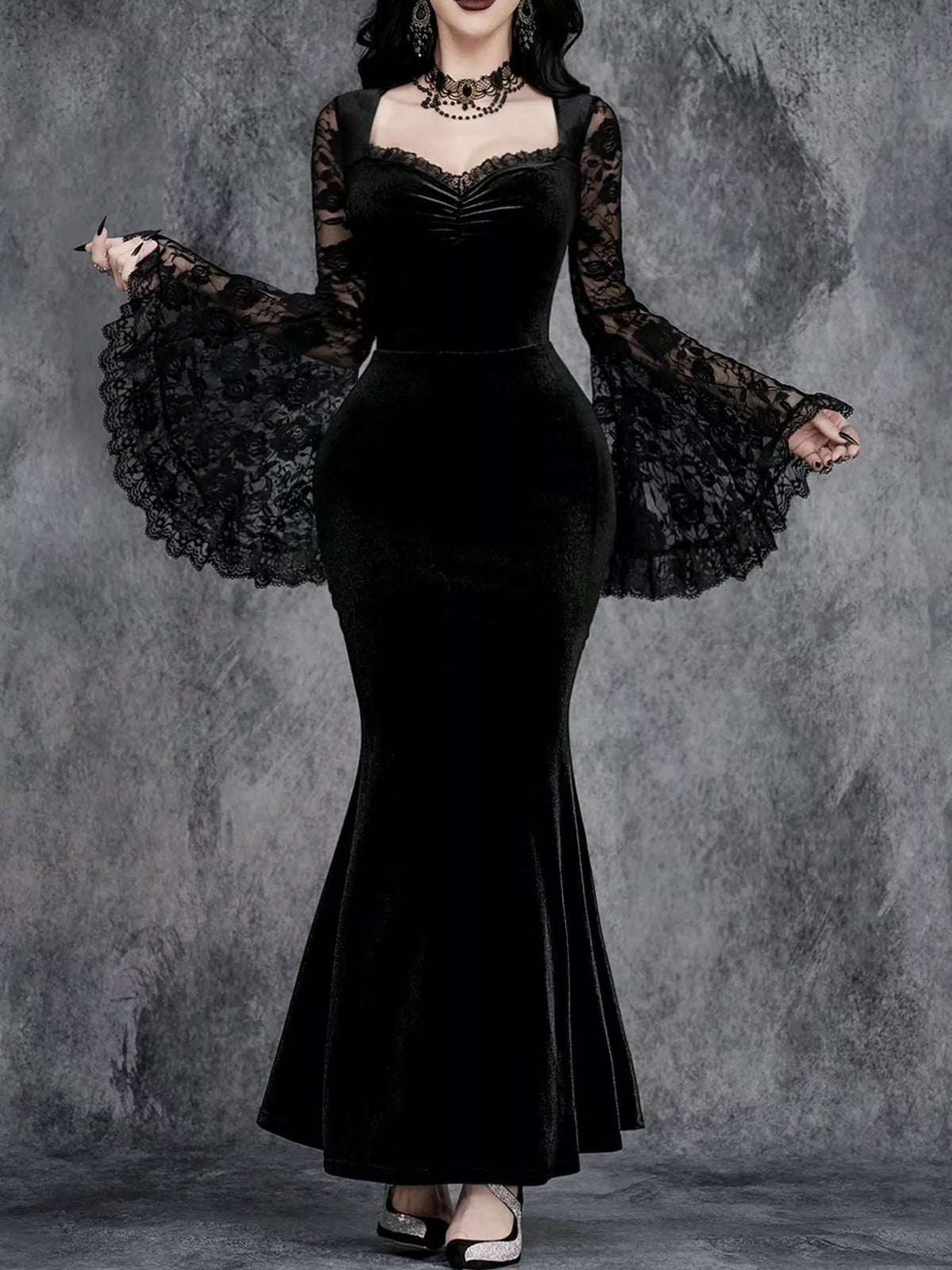 Black lace flare sleeve maxi dress — front view