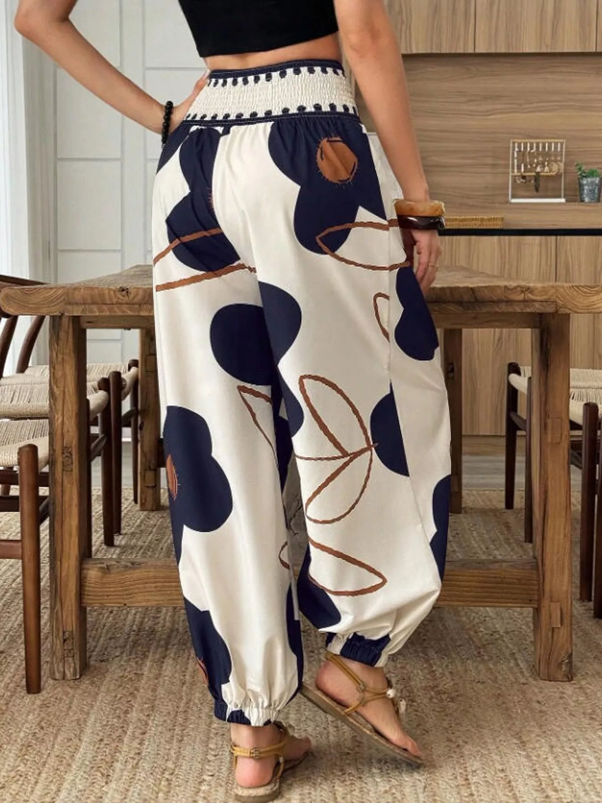 Dark Blue floral print wide-leg pants