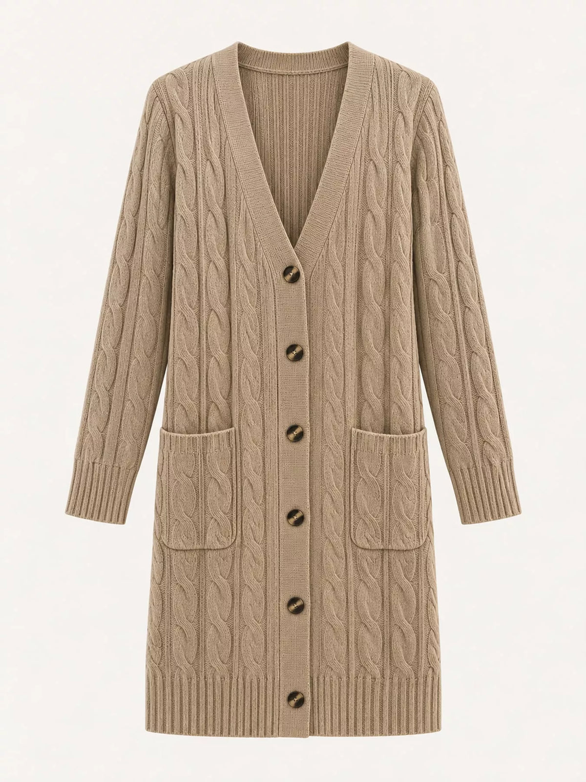 Cable Knit Button-Down Cardigan with Pockets — garment front