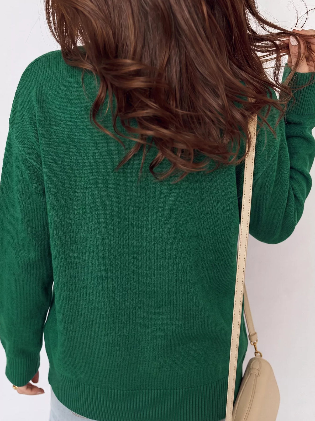 Dark Green abstract dog embroidery christmas round neck sweater, back view