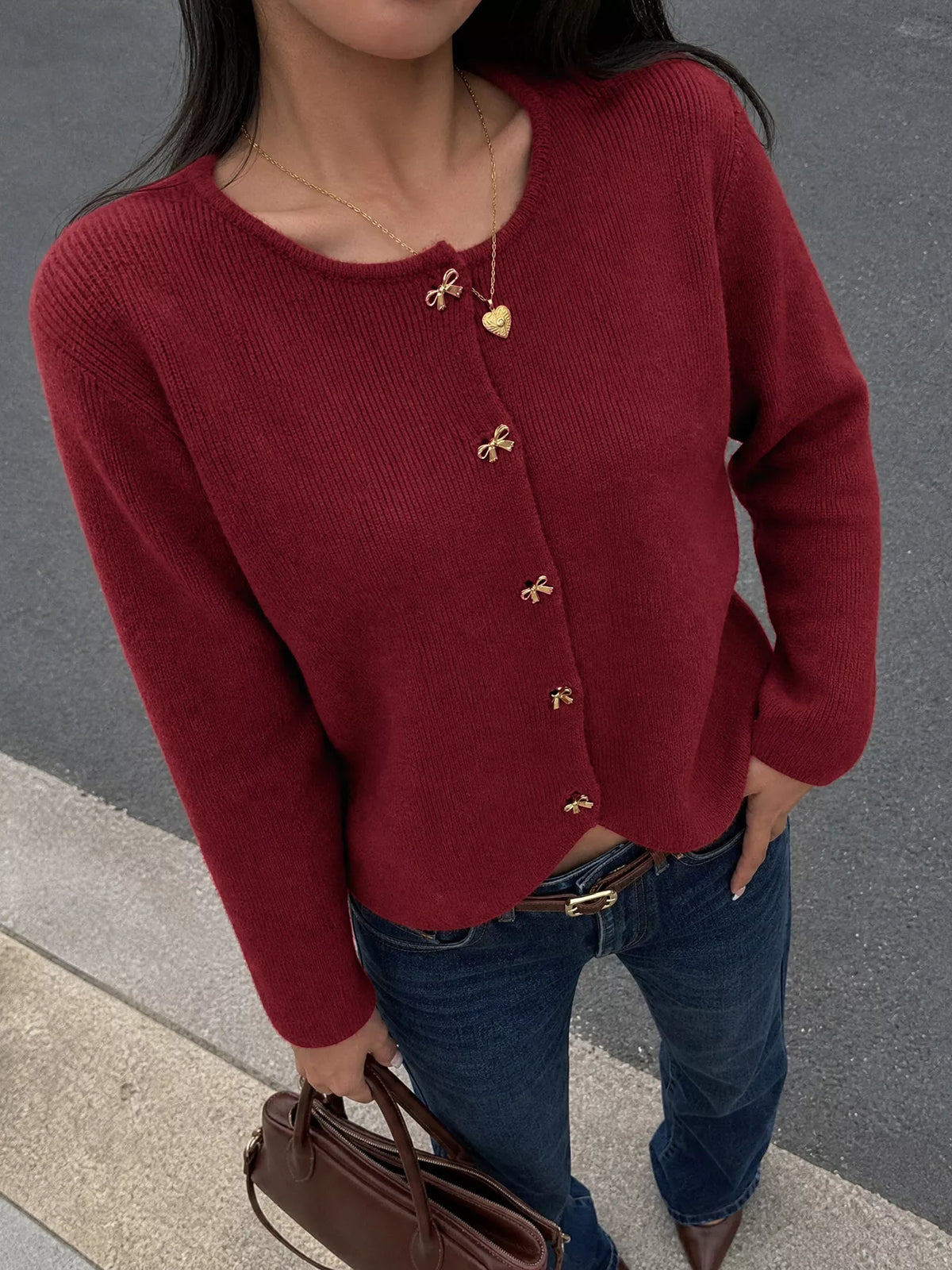 Burgundy bow button up knit cardigan