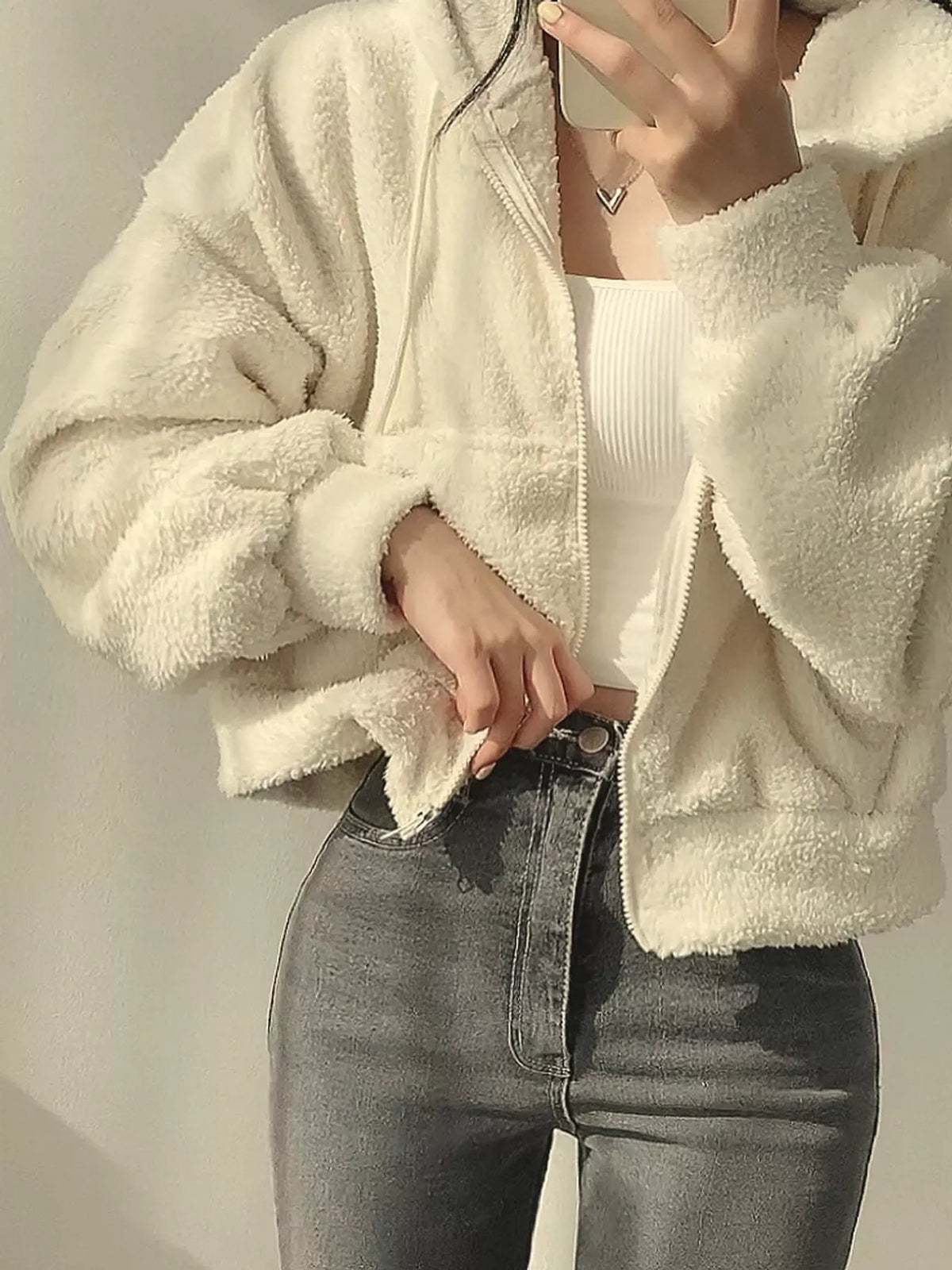 Cropped sherpa hoodie, cream front