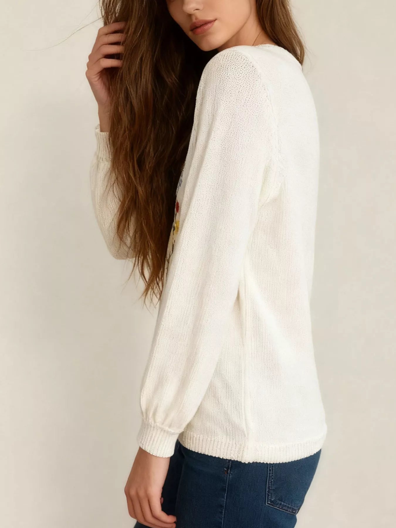 Trendsi Floral Embroidered V-Neck Sweater -
