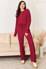 Trendsi Basic Bae Full Size Ribbed Drawstring Hooded Top and Straight Pants Set -