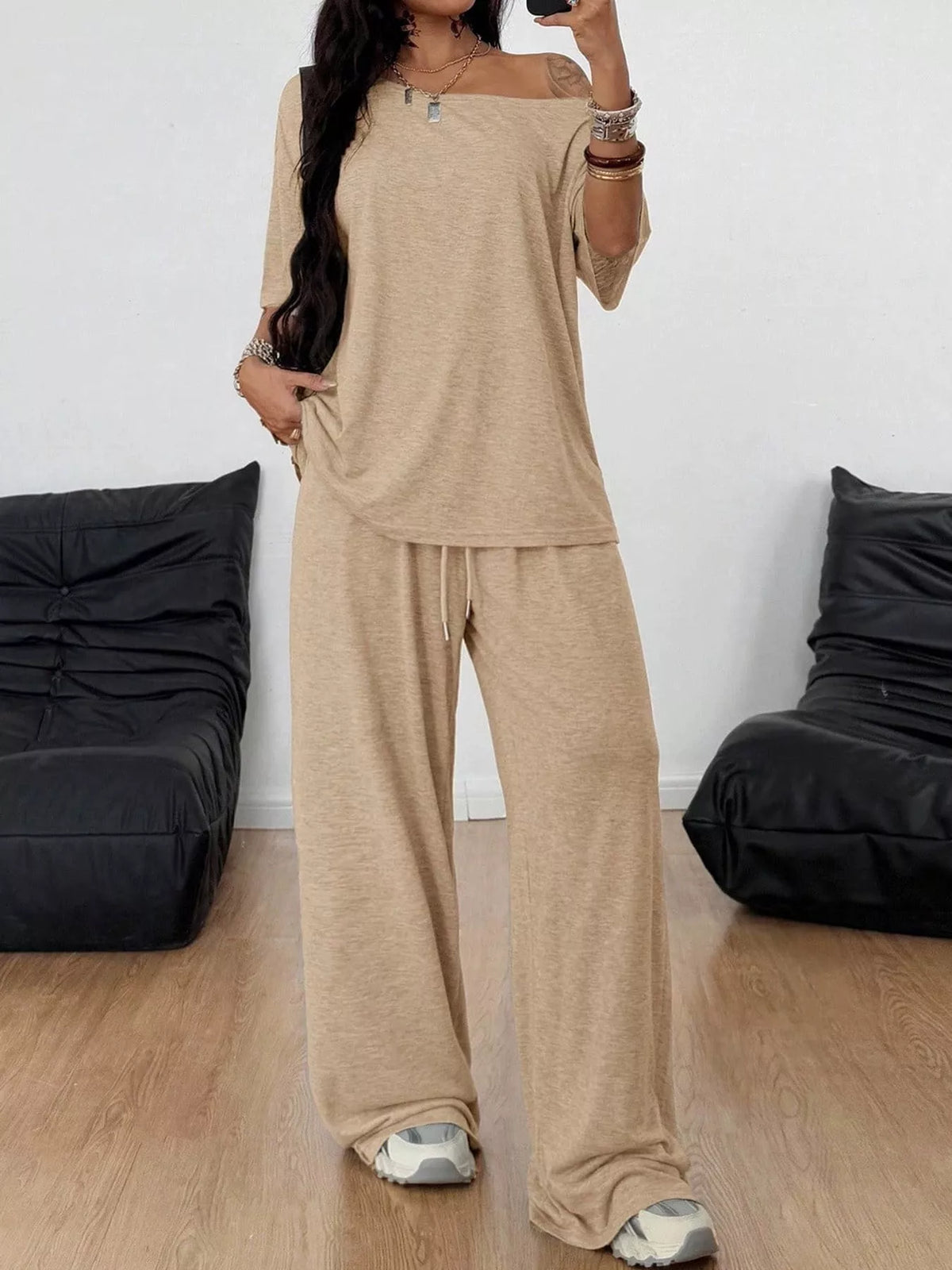 Tan boat neck top and wide-leg pants set — front view