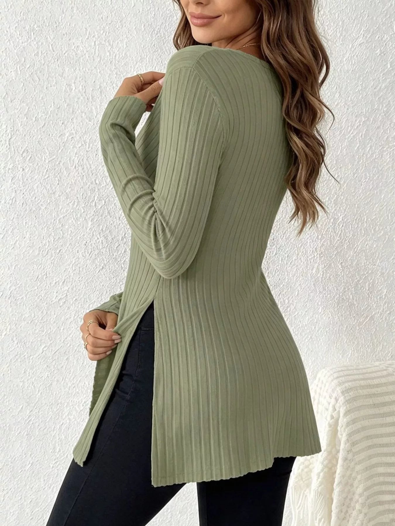 Trendsi Ribbed Knit Long Sleeve Wrap T-Shirt -