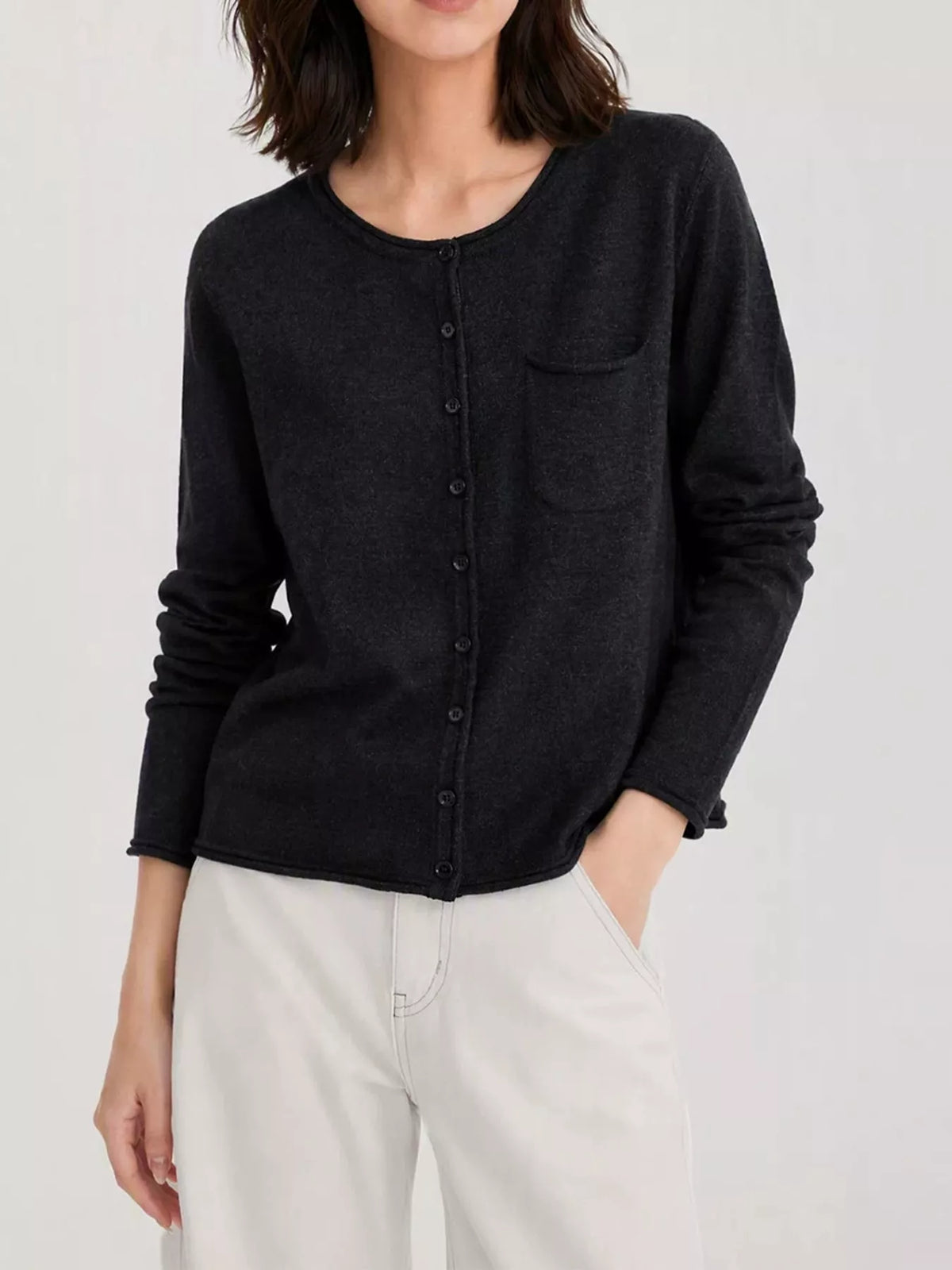 Round neck long sleeve cardigan, front view on model
