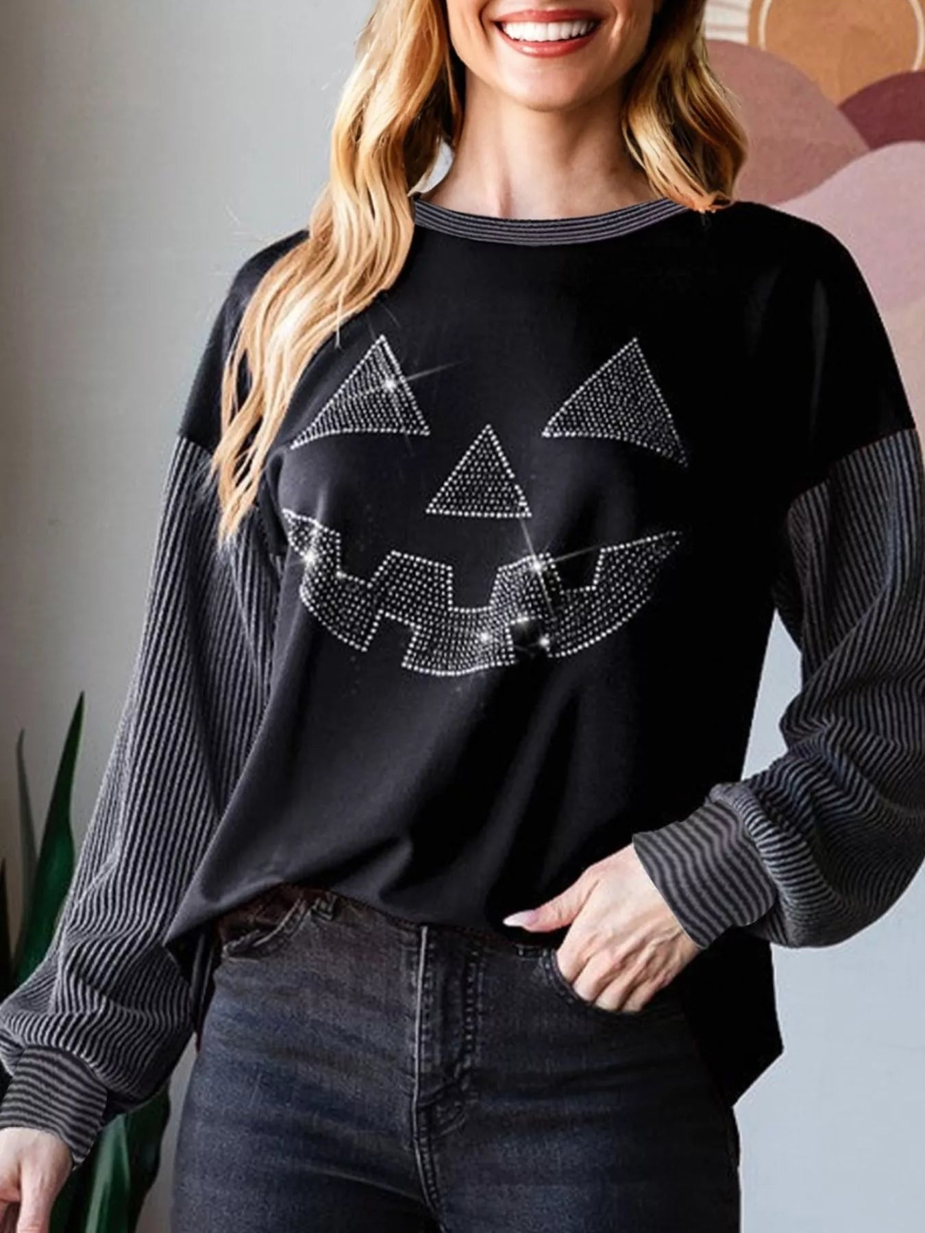 Trendsi Halloween Rhinestone Pumpkin Face Contrast Ribbed Long Sleeve Patchwork Top -