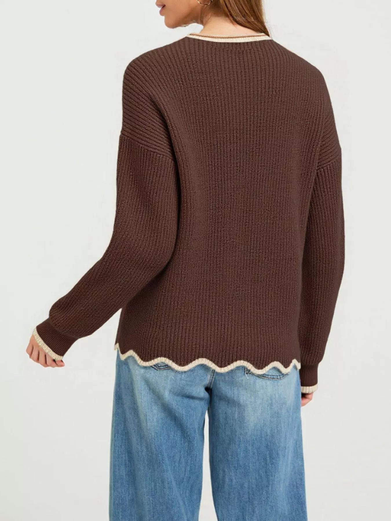 Trendsi Contrast Trim Scalloped Hem Ribbed Knit Sweater -