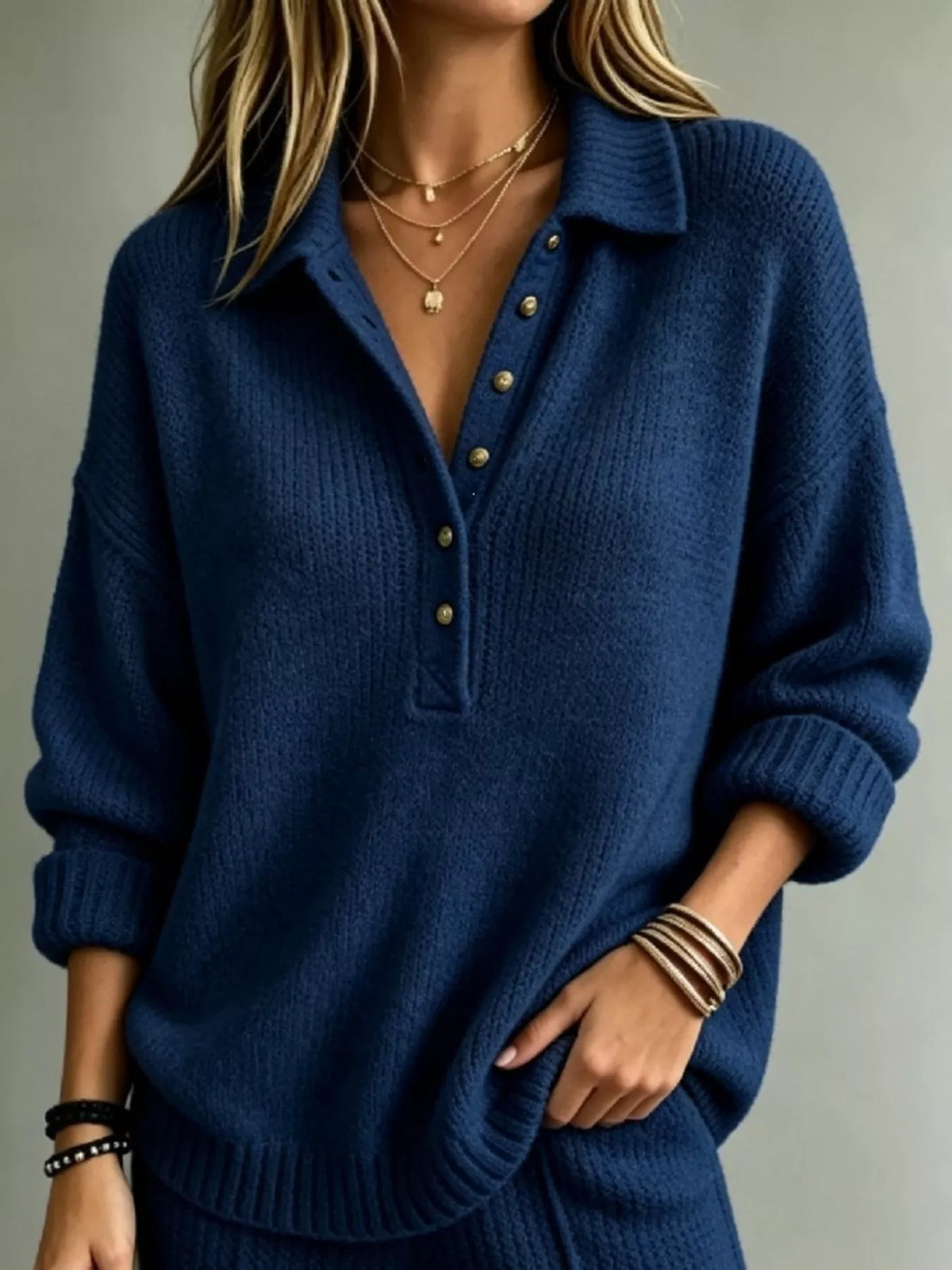 Women's Button Detail Dropped Shoulder Sweater in navy — front view