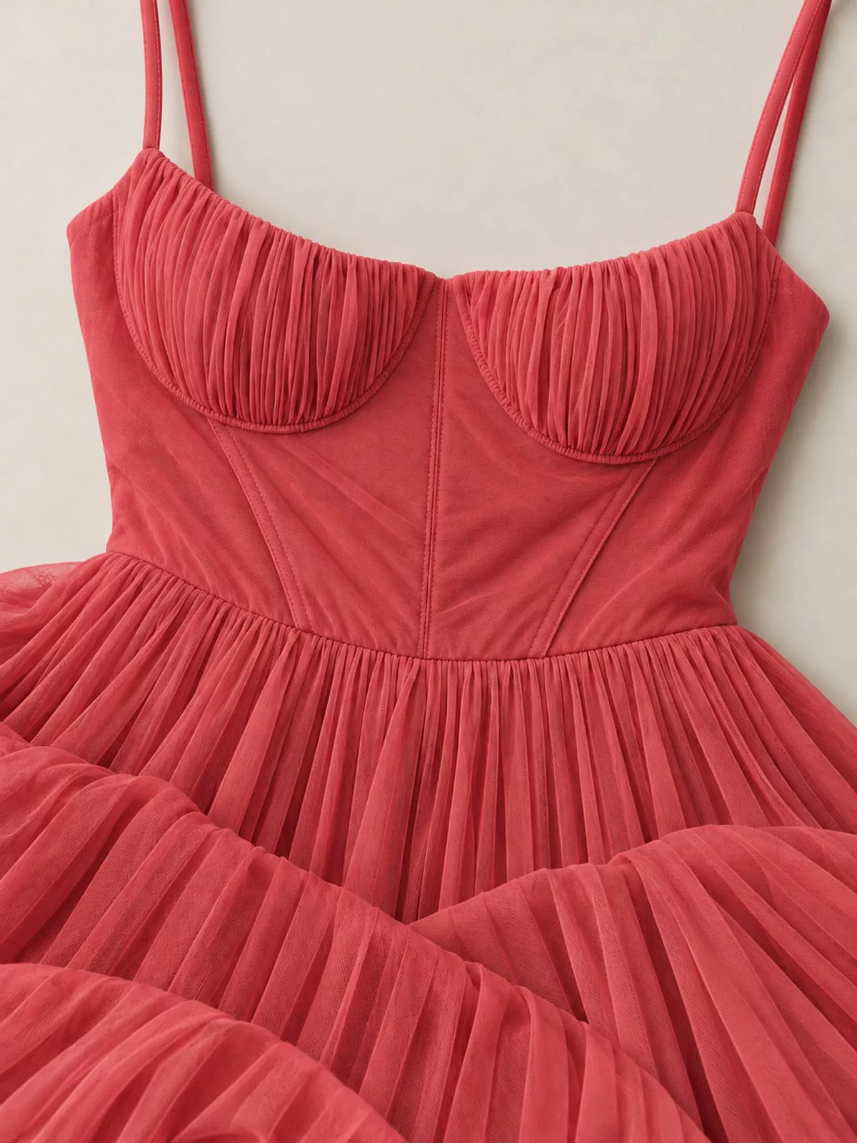Red pleated sweetheart neck midi dress — design and construction details