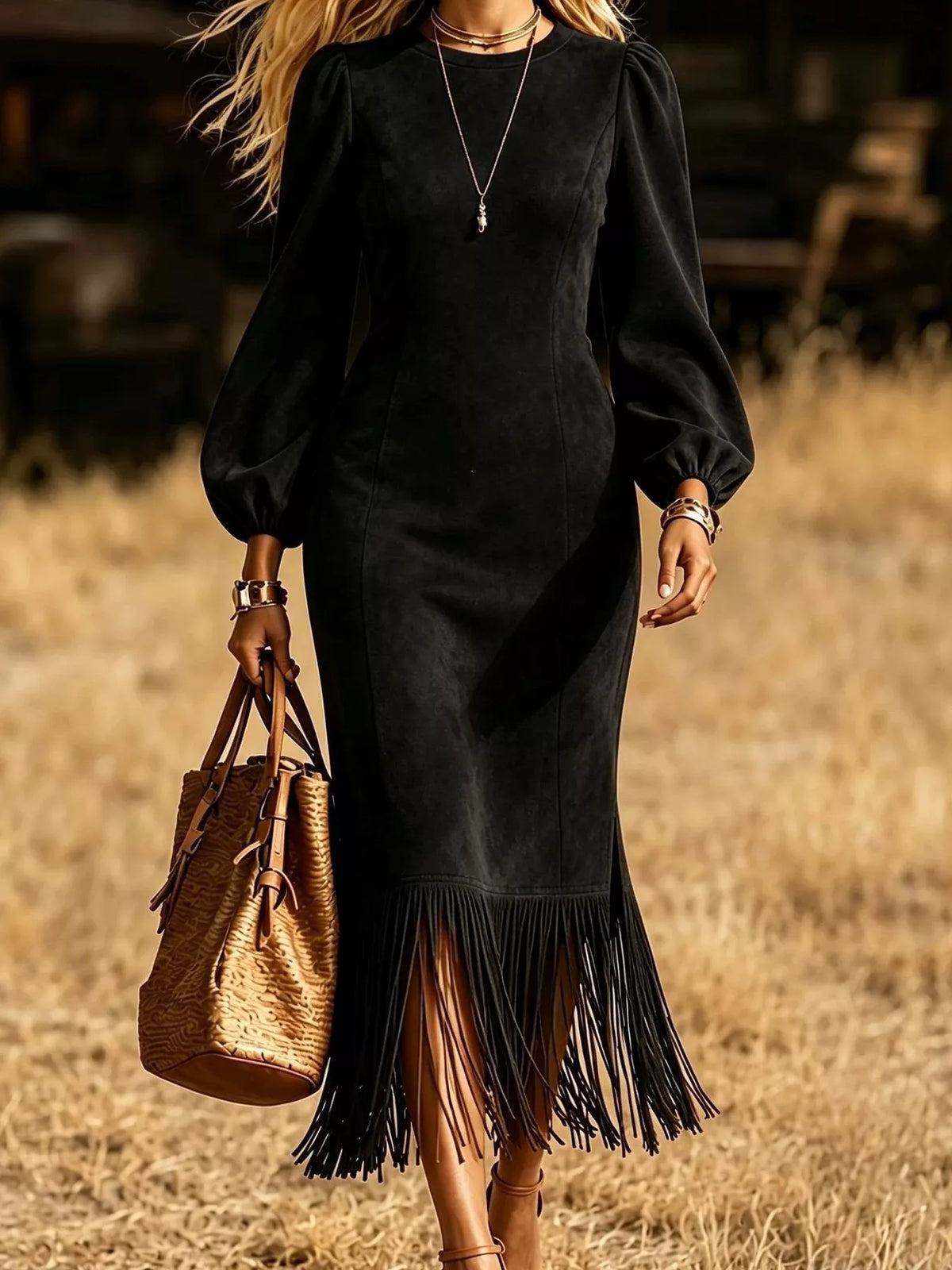 Women's Fringe Round Neck Balloon Sleeve Dress in black — front view