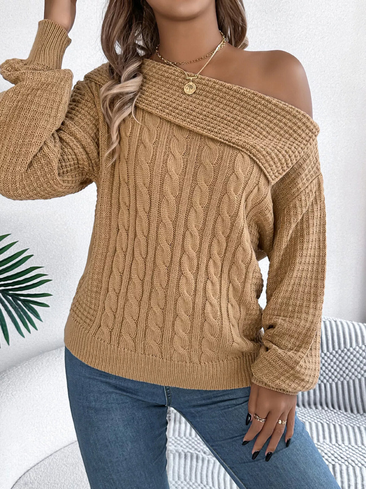 One Shoulder Cable Knit Sweater in camel, front view
