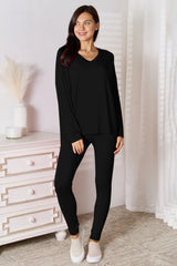 Trendsi Basic Bae Bamboo Full Size V-Neck Long Sleeve Top and Pants Lounge Set - Pants