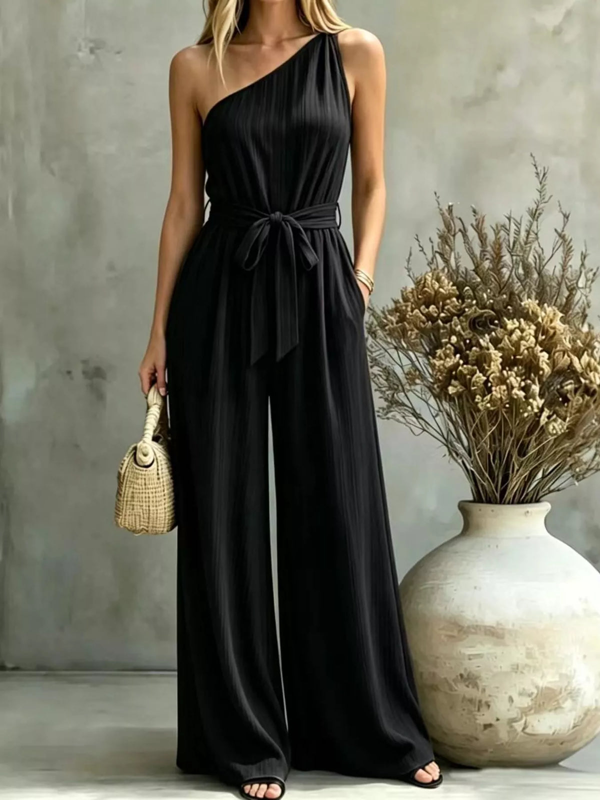 One-Shoulder Wide-Leg Jumpsuit in black, front view
