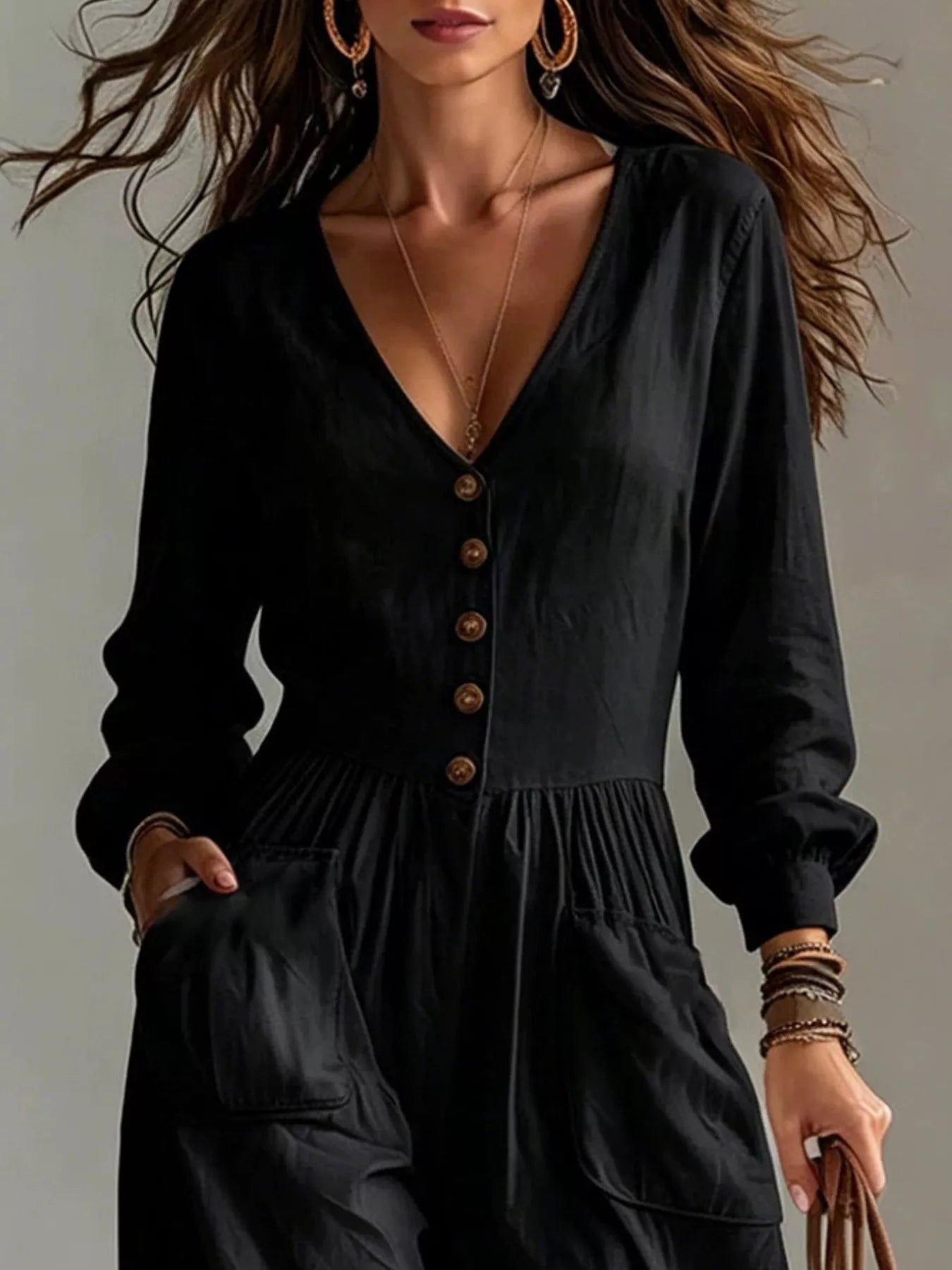 Trendsi V-Neck Long Sleeve Button Front Wide-Leg Jumpsuit -