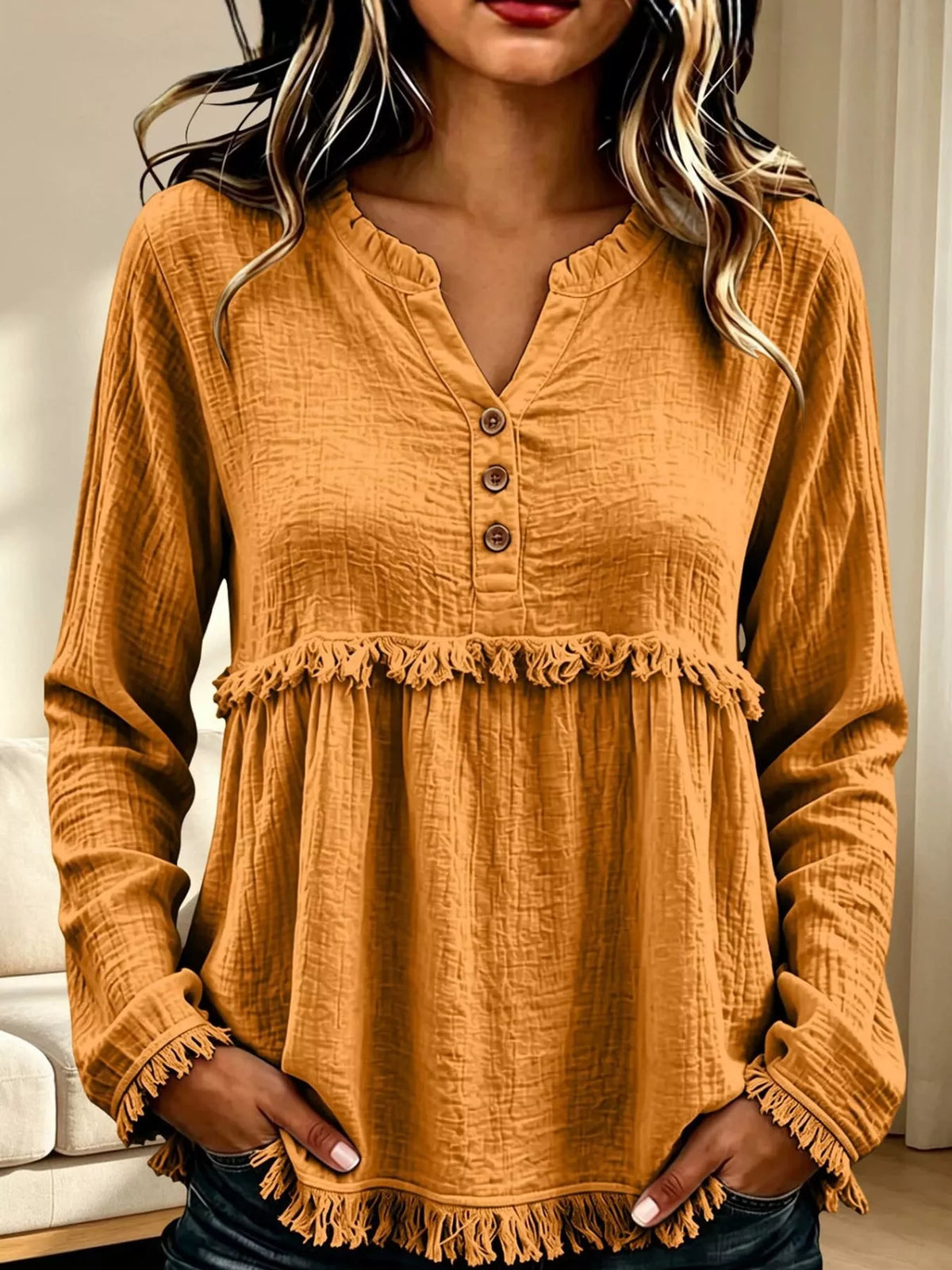 Frayed-hem blouse, mustard front