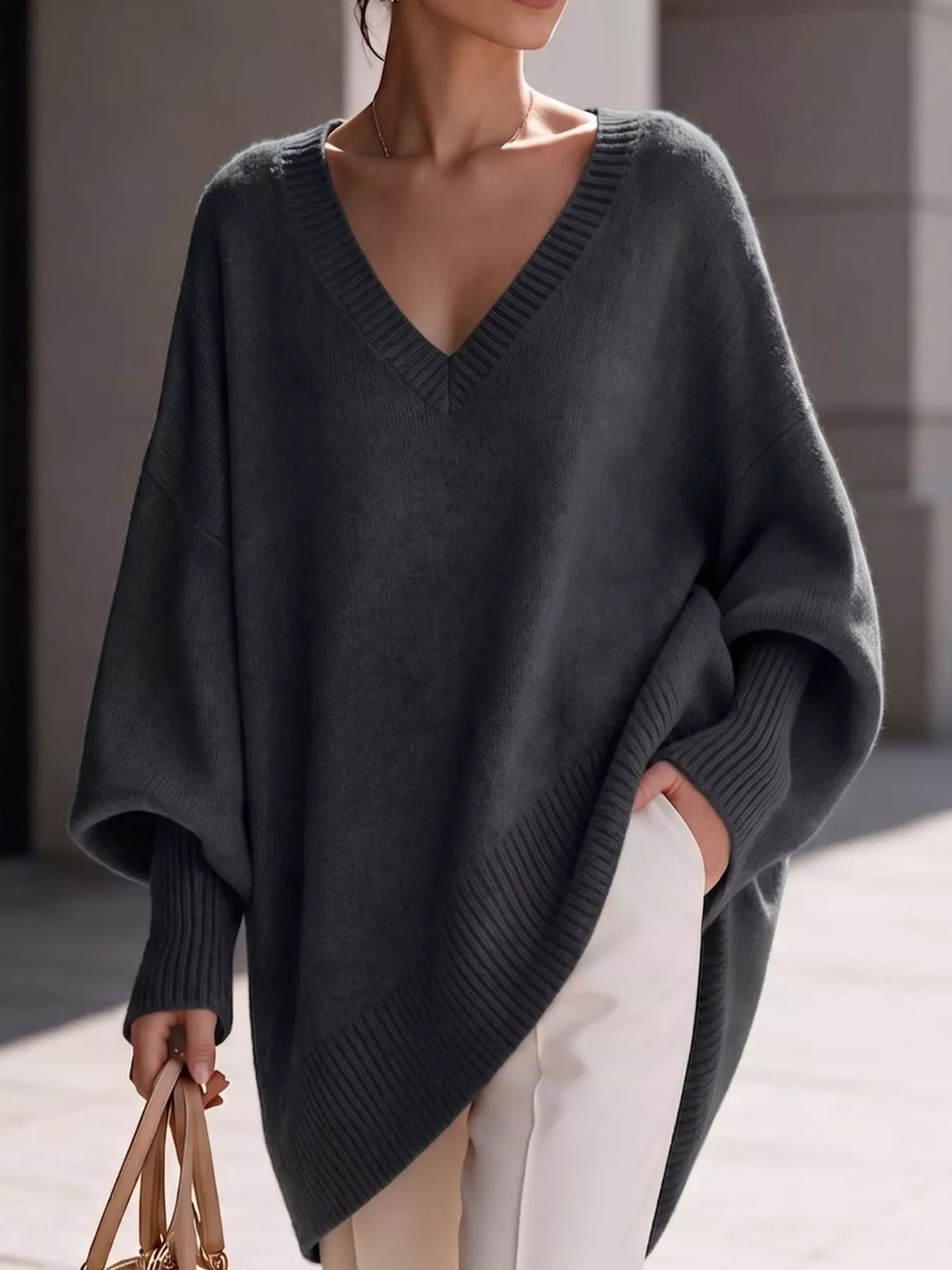 Batwing sweater, gray front