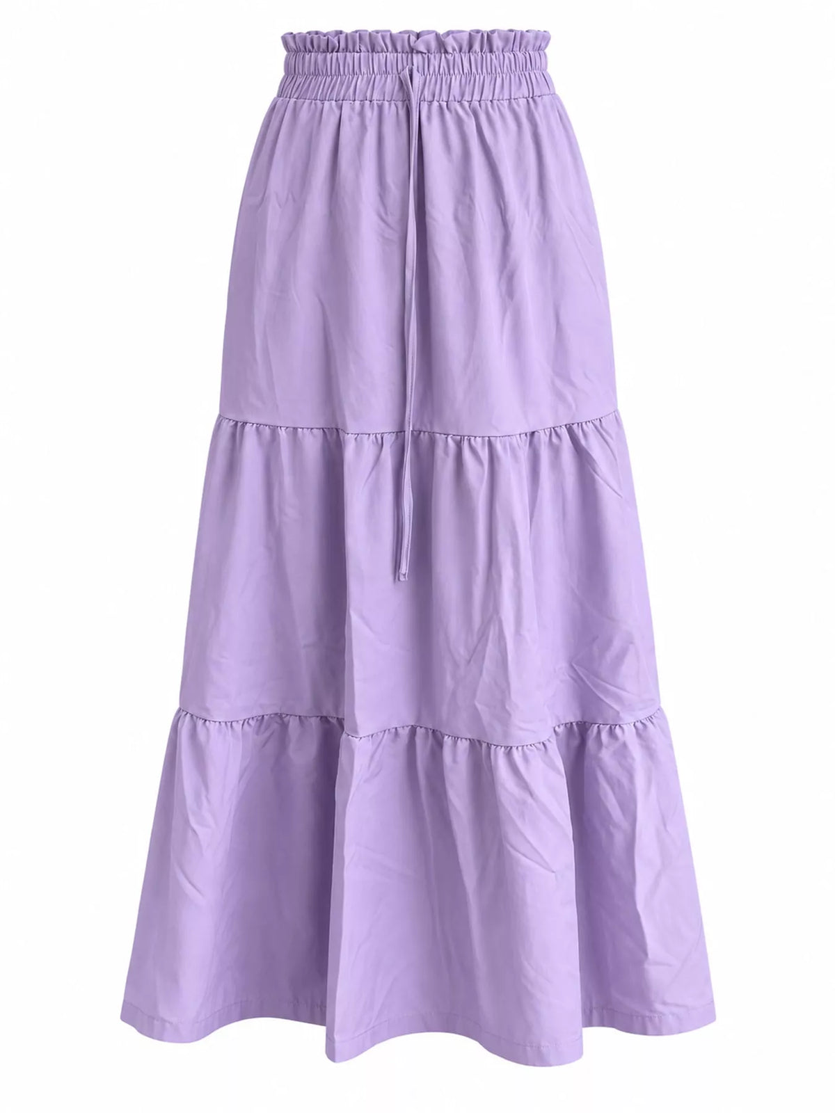 Purple drawstring tiered skirt — front view