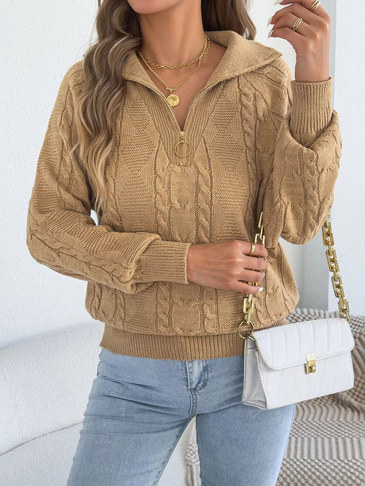 Khaki quarter-zip cable knit sweater
