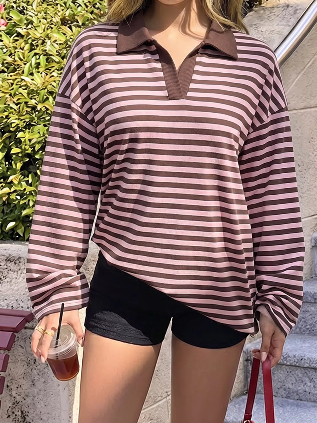 Striped Polo Collar Long Sleeve Top, front view