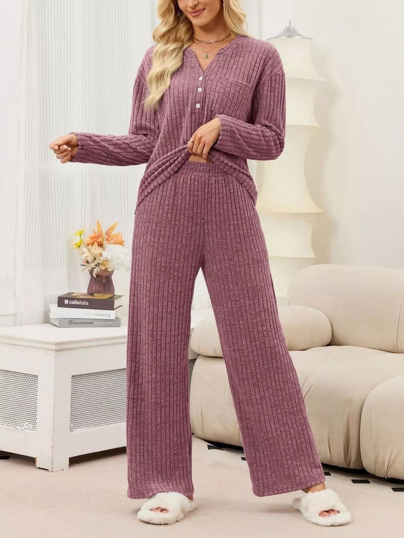 Trendsi Ribbed Knit Top and Wide-Leg Pants Set -