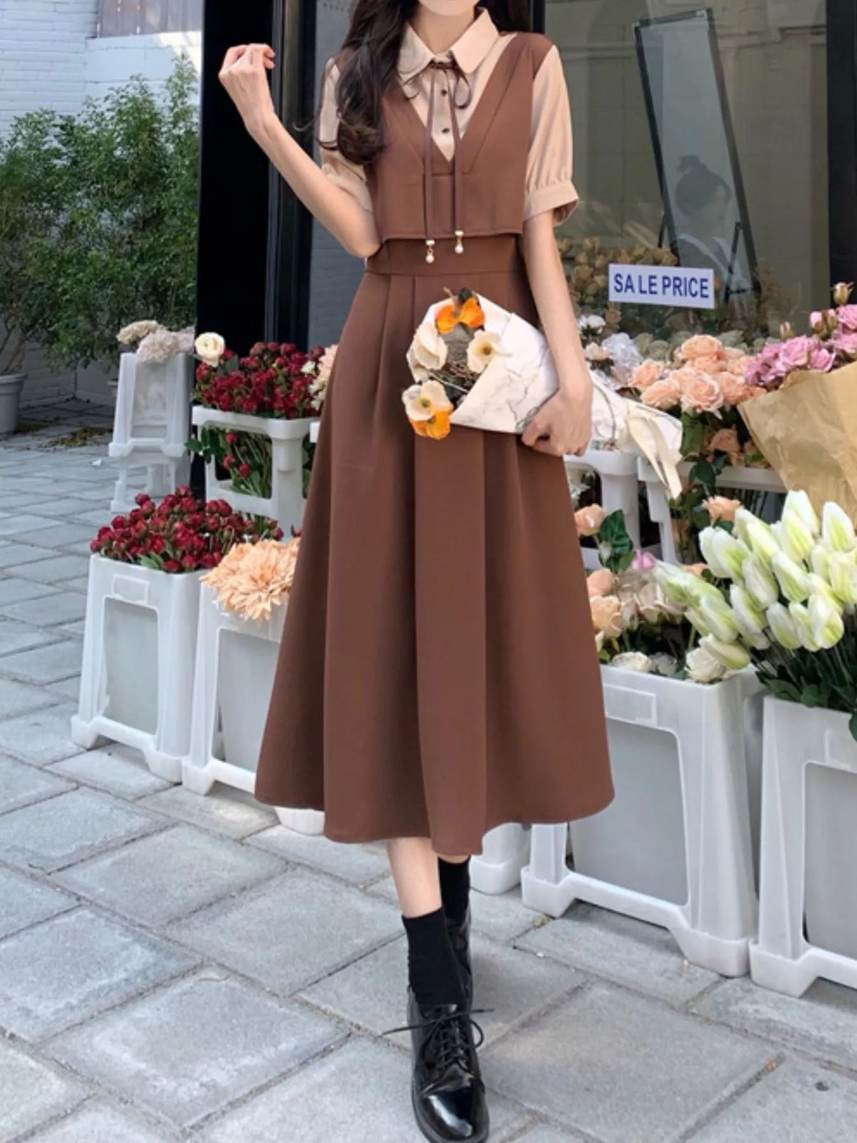 Women's Contrast Short Sleeve Pleated Midi Dress in brown — front view