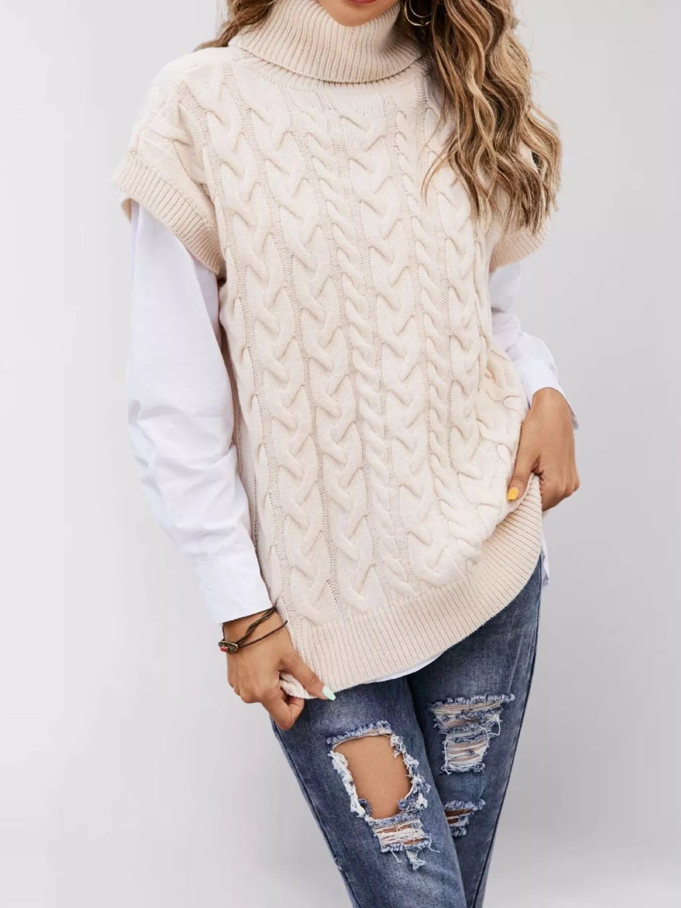 Trendsi Chunky Knit Turtleneck Cap Sleeve Sweater -