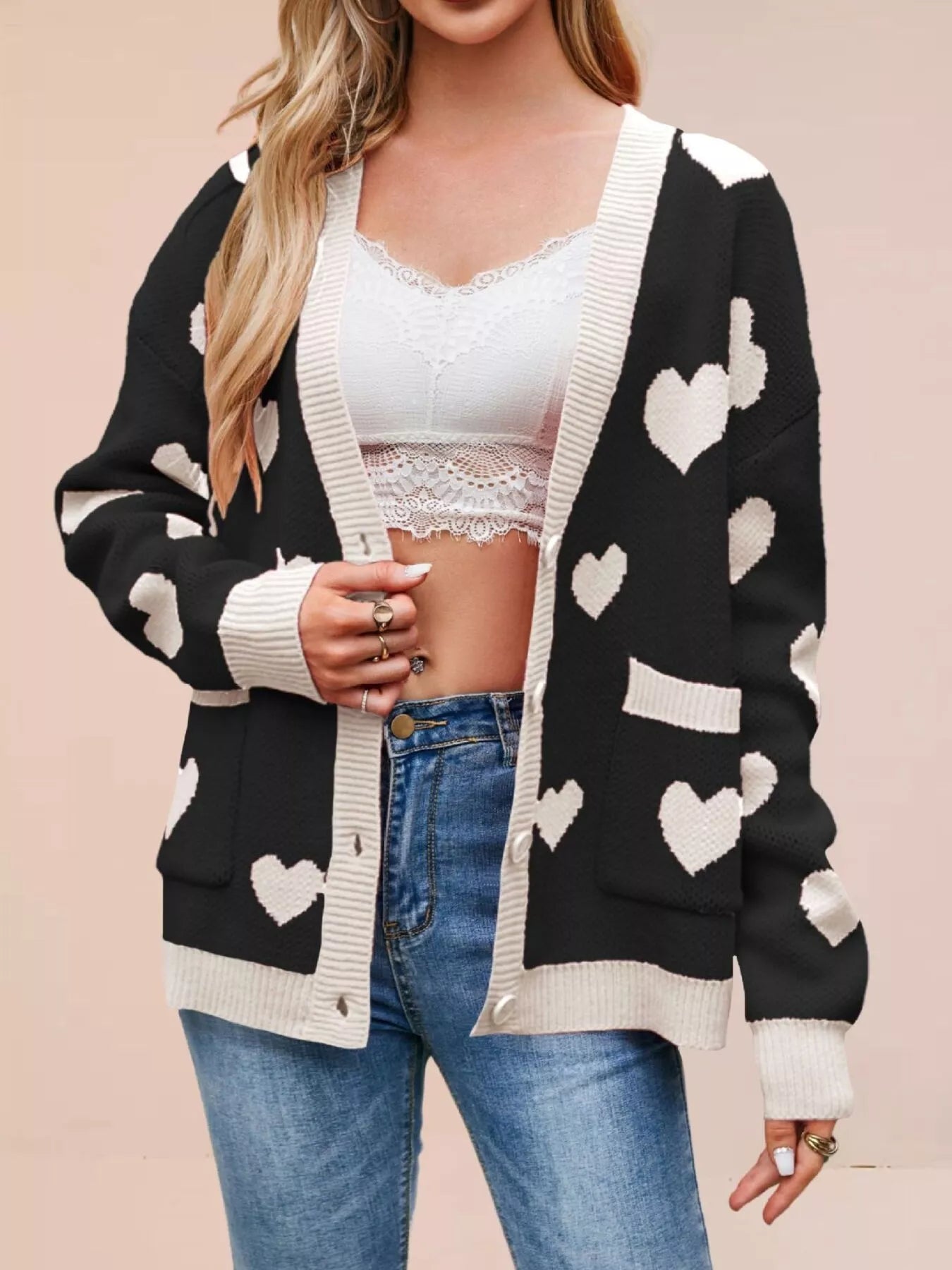 Trendsi Heart Pattern V-Neck Button-Down Knit Cardigan -