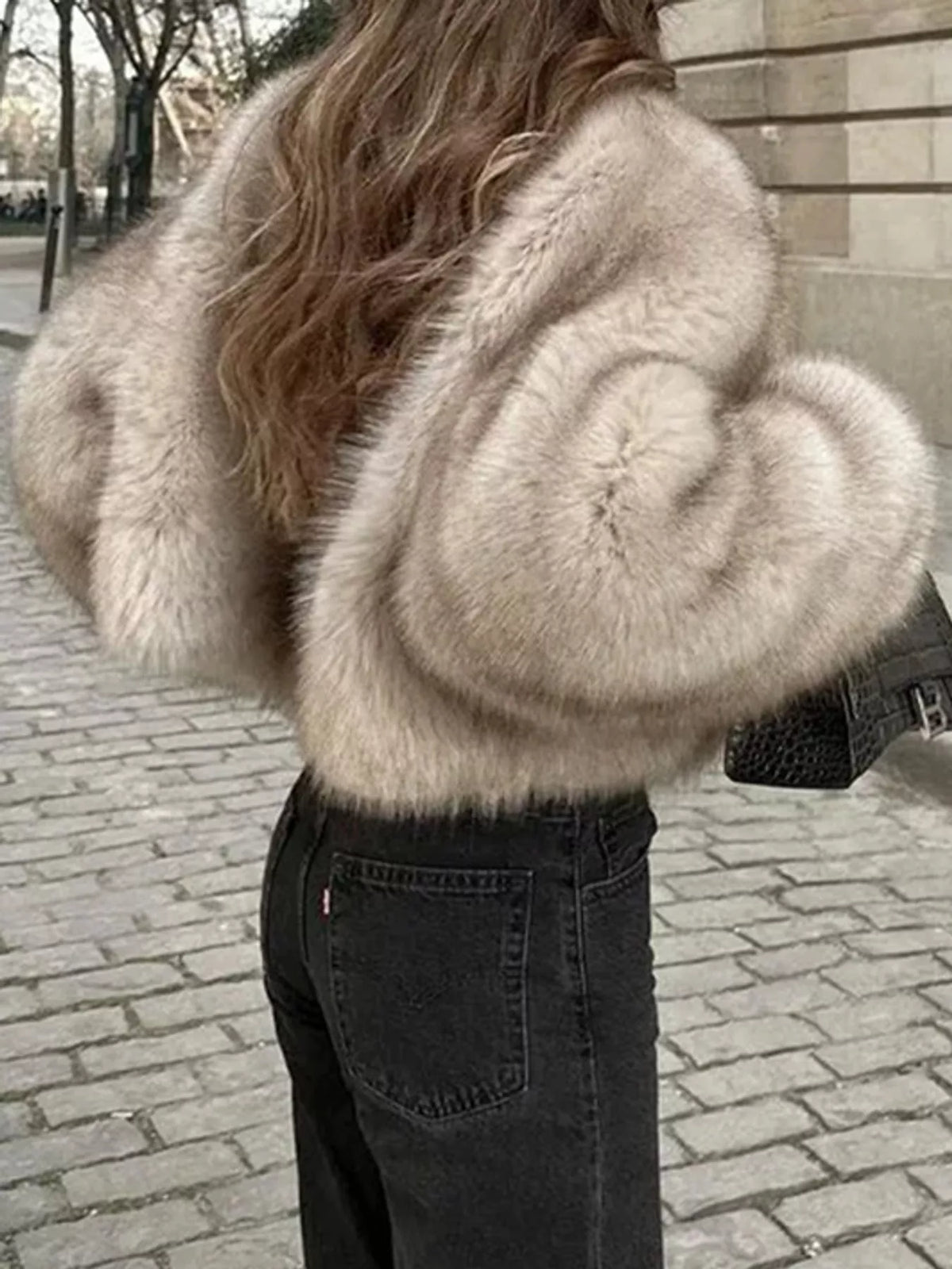 Faux Fur Cropped Coat, detail view in beige