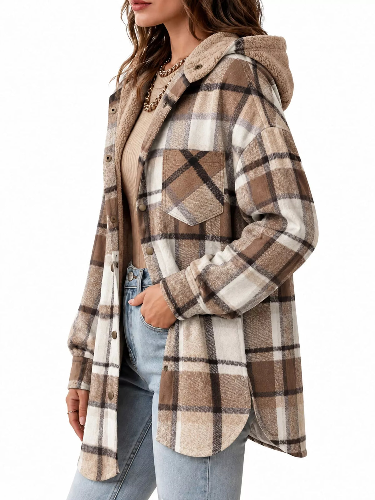 Khaki plaid hooded button up jacket