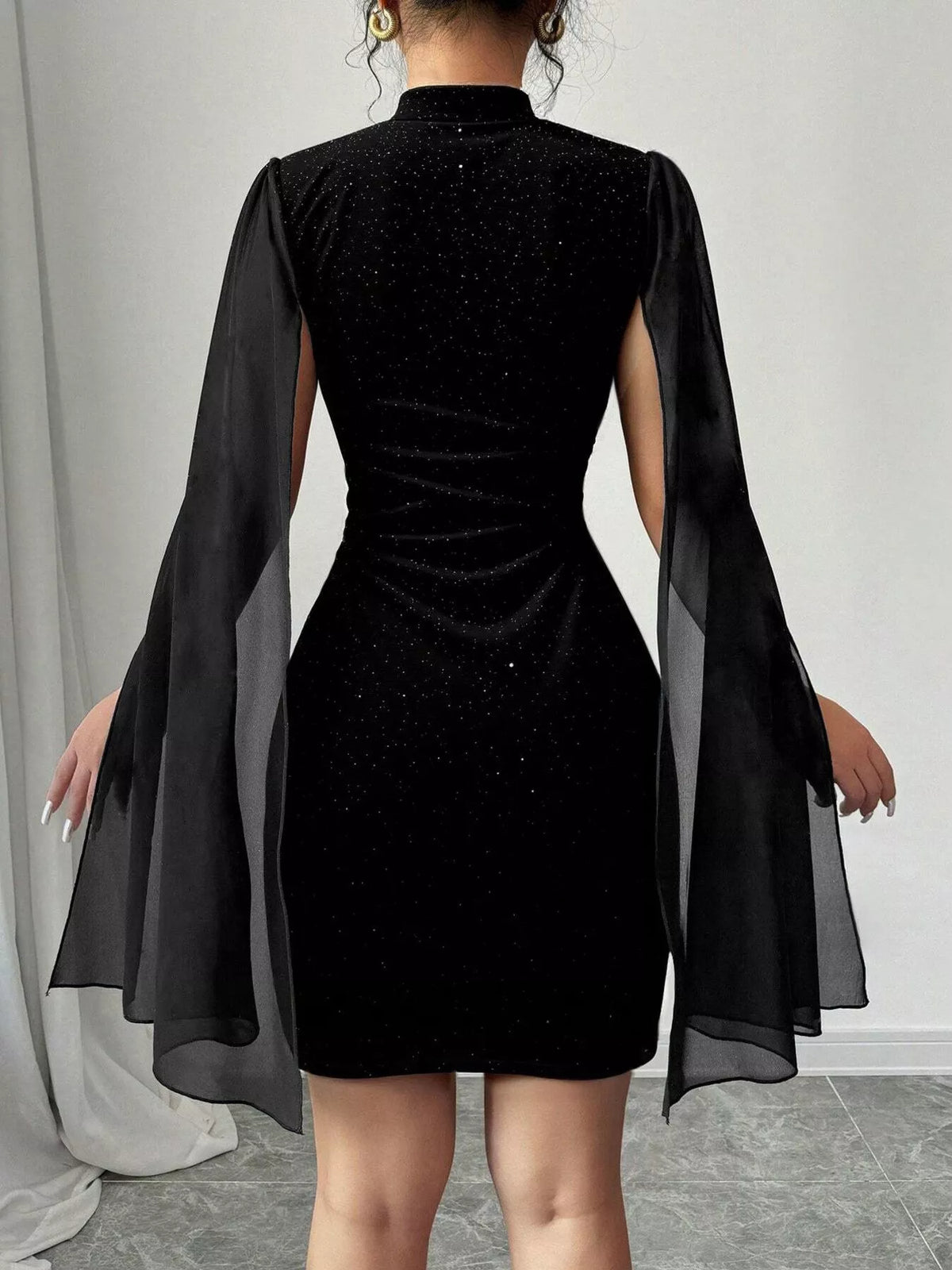 Glitter mesh slit-sleeve bodycon mini dress