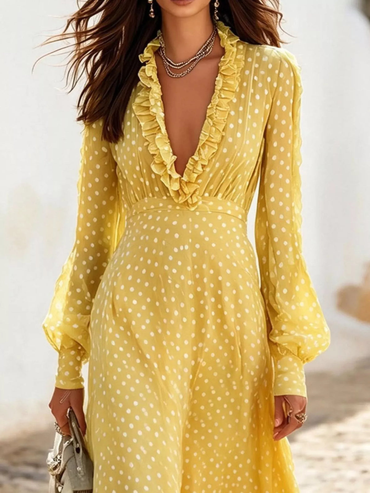Polka-dot ruffle v-neck maxi dress