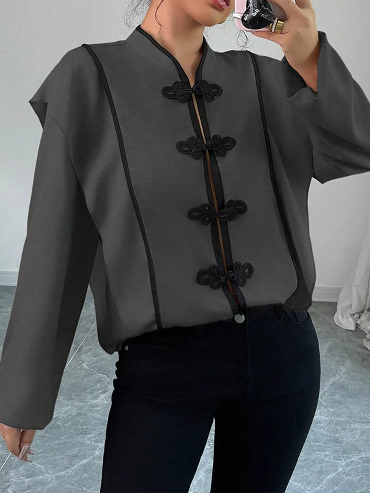 Gray chinese-style mandarin collar blouse