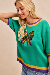 Trendsi BiBi Mardi Gras Sequin Ribbon Patched Sweater -