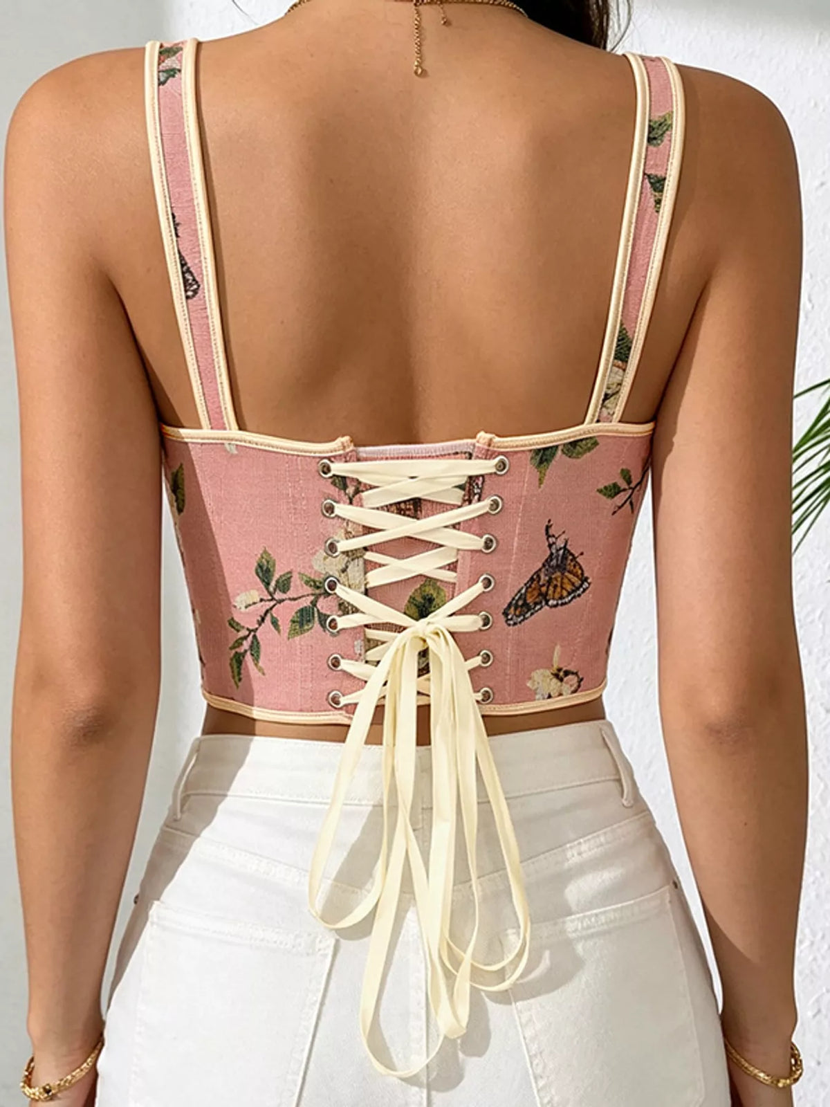 Pink floral lace-up back tank, back view