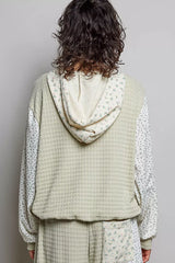 Trendsi POL Mixed Knit Contrast Print Sleeve Hoodie with Kangaroo Pocket -