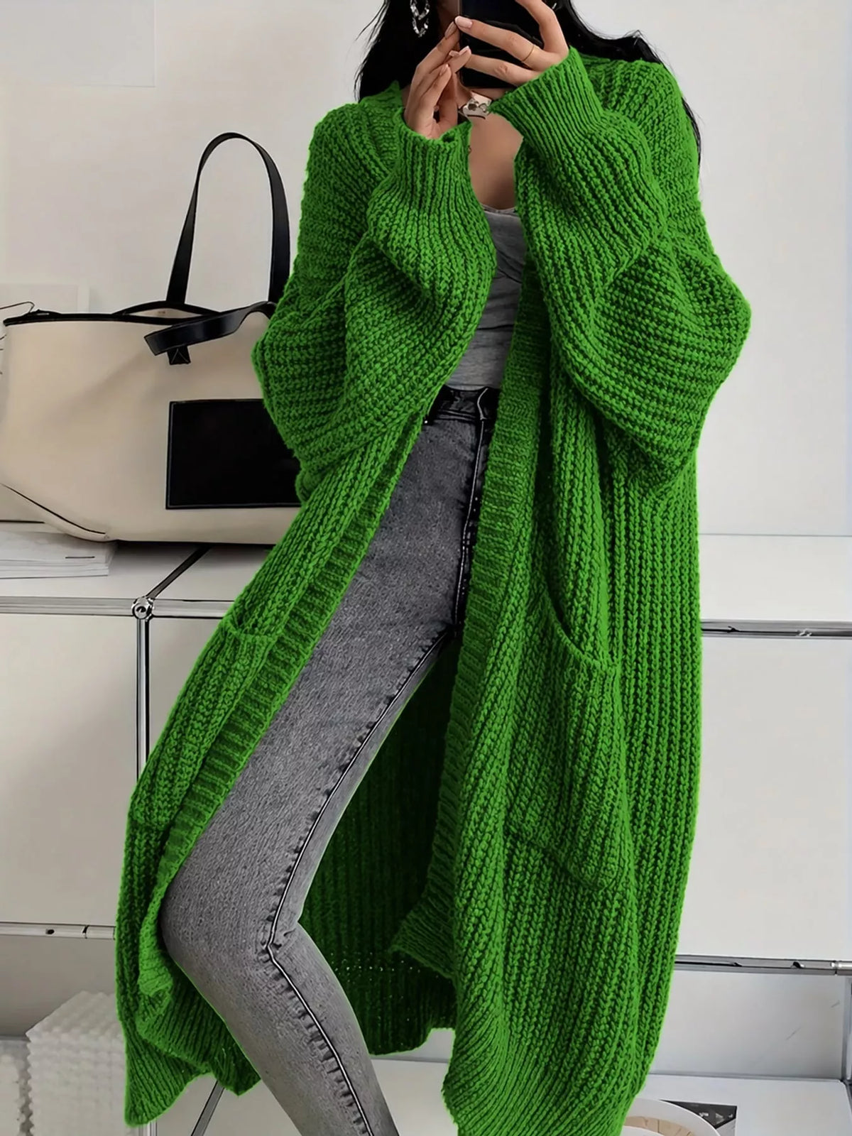 Longline knit cardigan, green front