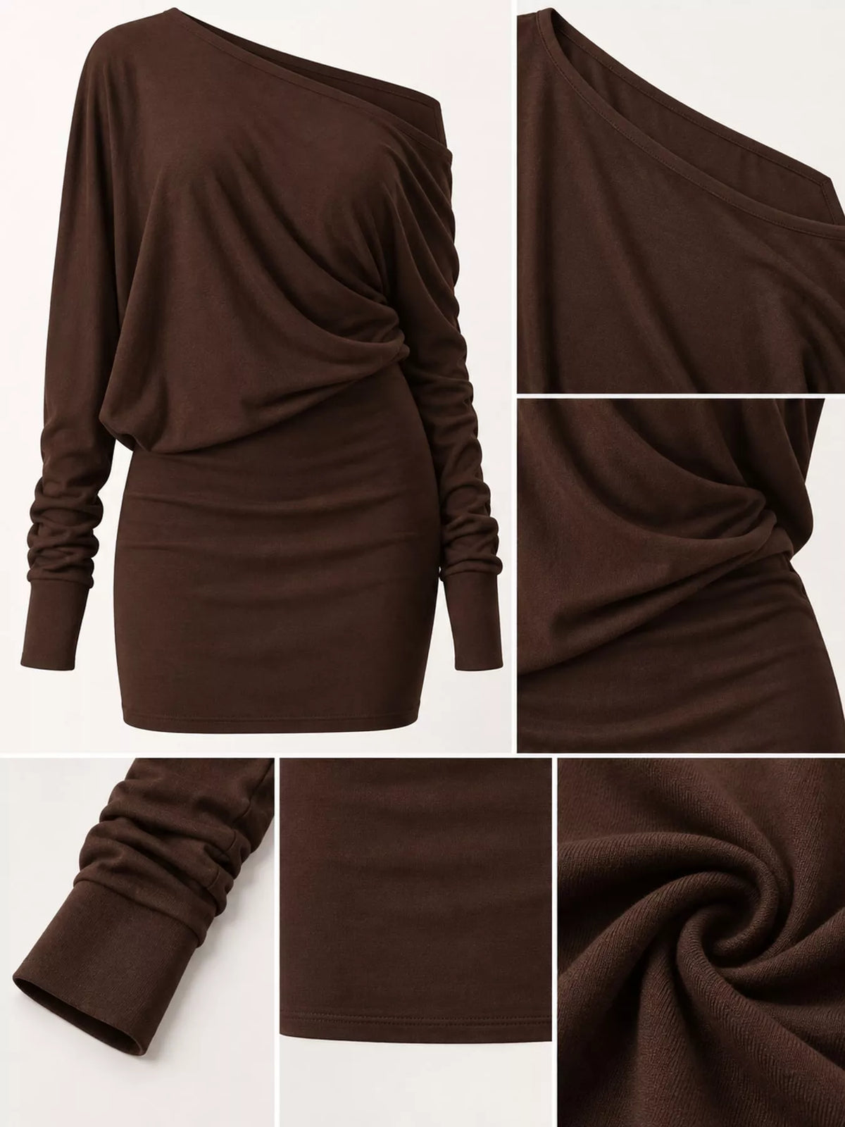 Women's One Shoulder Knit Mini Dress in brown — detail collage view