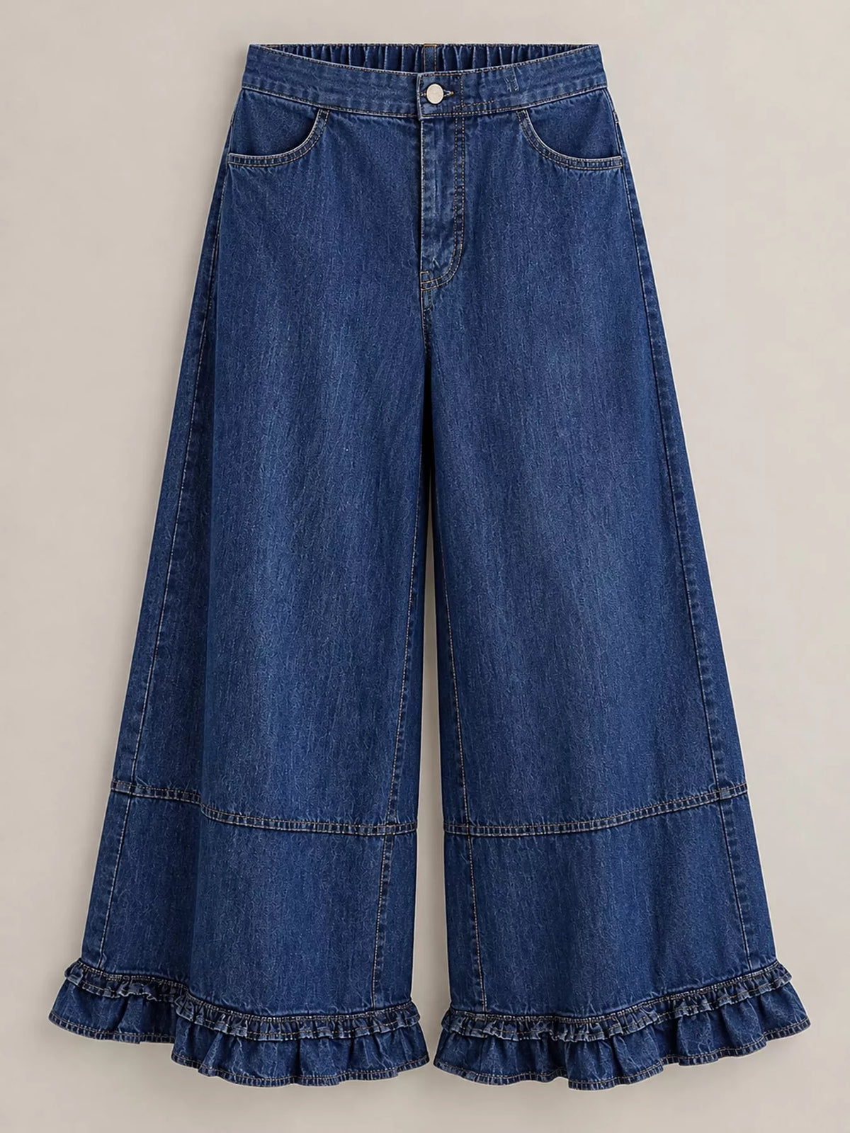 Blue wide-leg ruffle-hem jeans, product view
