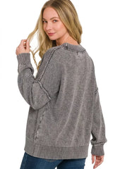Trendsi Zenana Washed Deep V-neck Oversized Sweater - Shirts