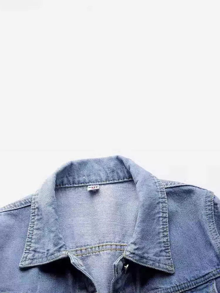 Light blue washed denim mid-sleeve jacket, collar and upper front denim texture