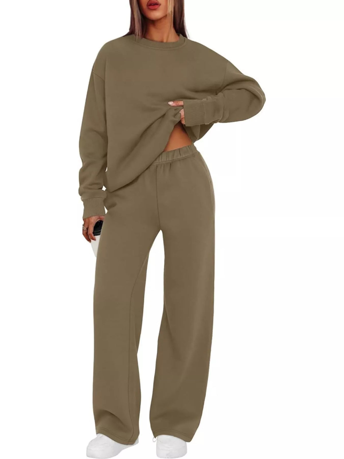 Crewneck Drop Shoulder Sweatshirt and Wide-Leg Pants Set — front view