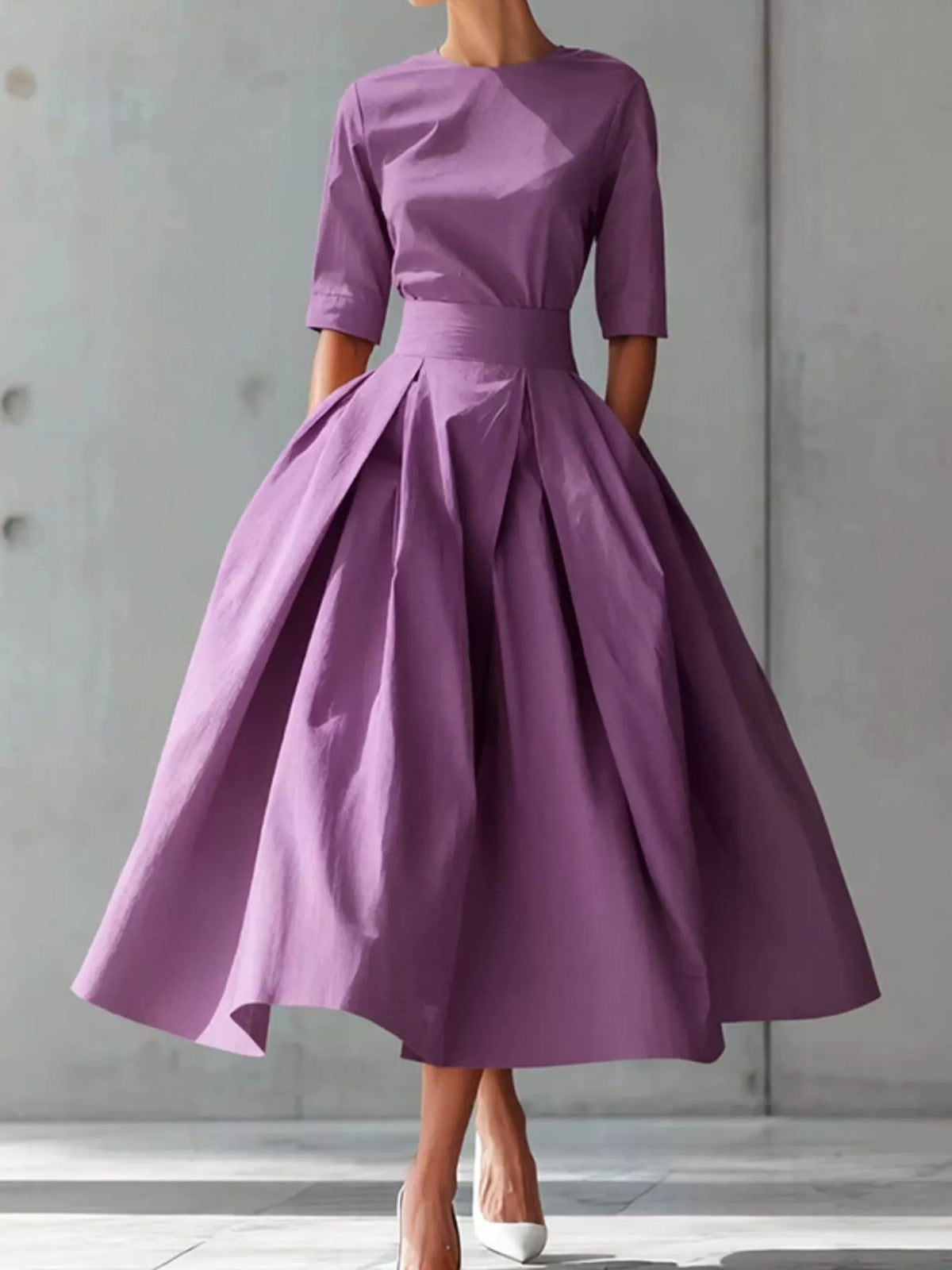 Round neck short sleeve midi dress, front view on model