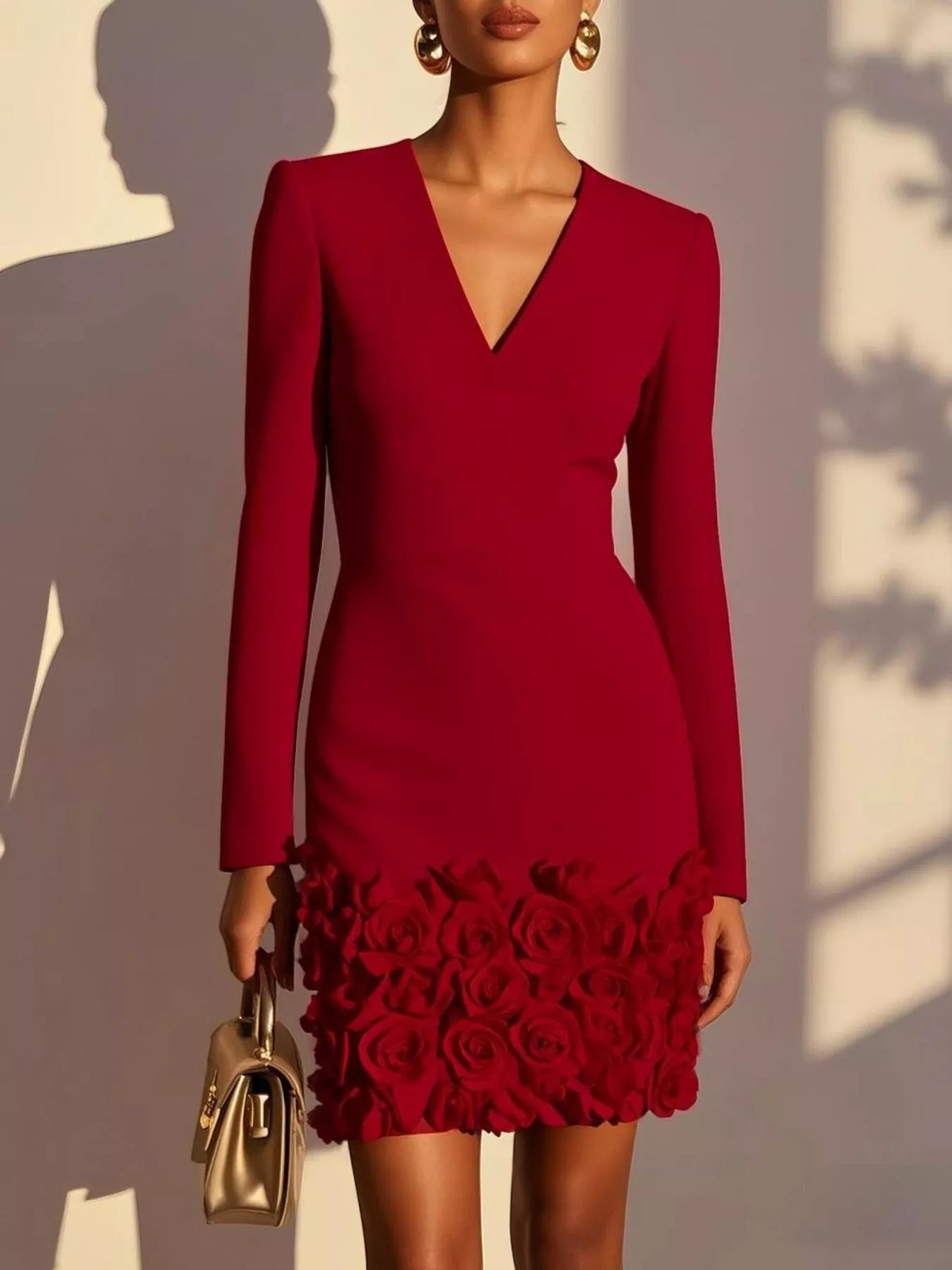 V-neck rose-hem mini dress in burgundy, front view