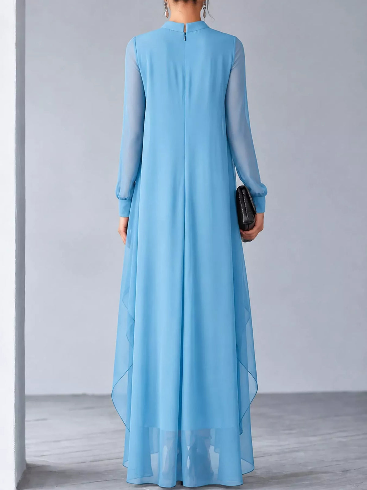 Sheer Sleeve Chiffon Layered Maxi Dress, back view in light blue
